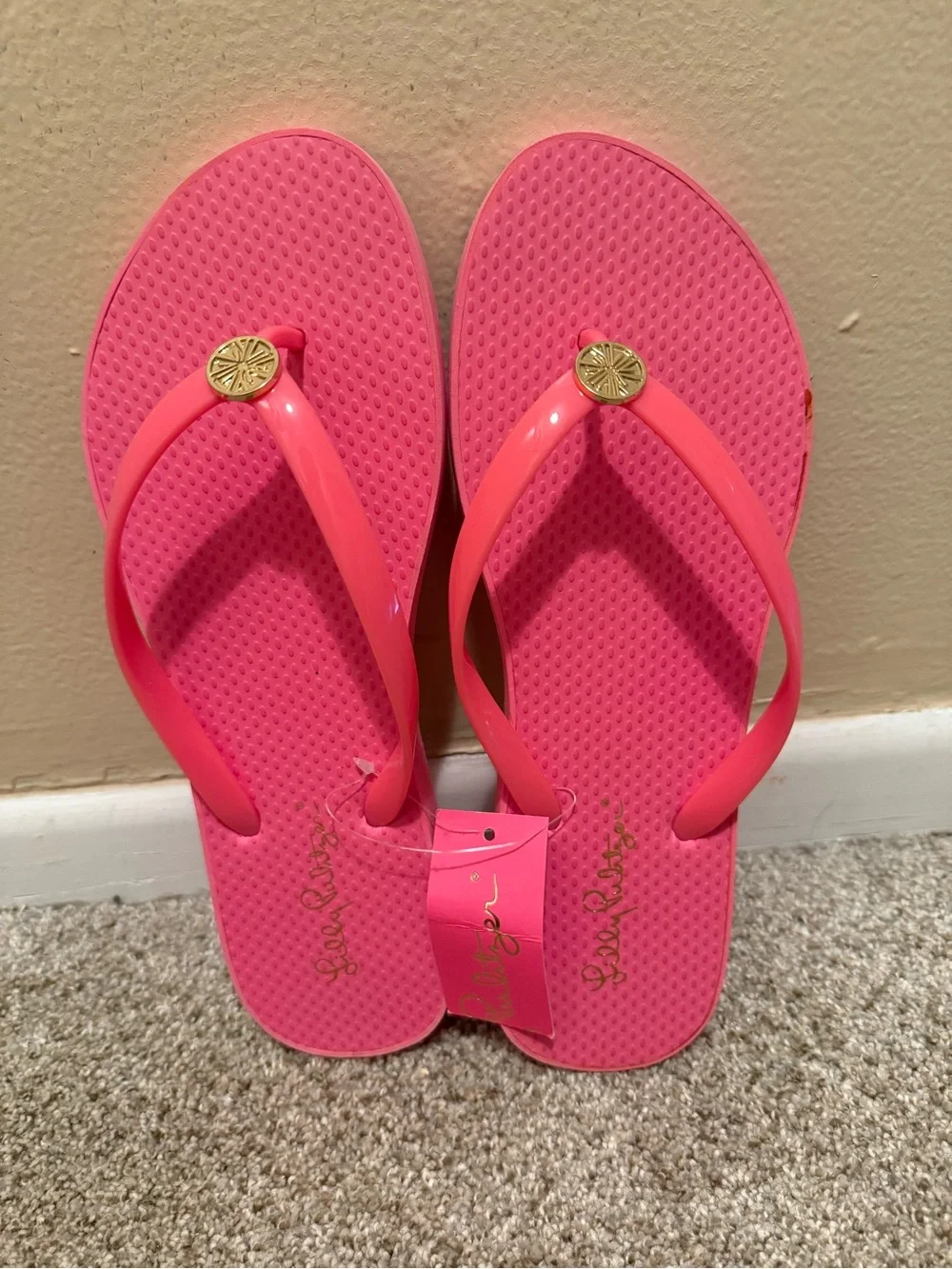 Lilly Pulitzer Bright Pink Flip Flop Sandals with Gold Medallions